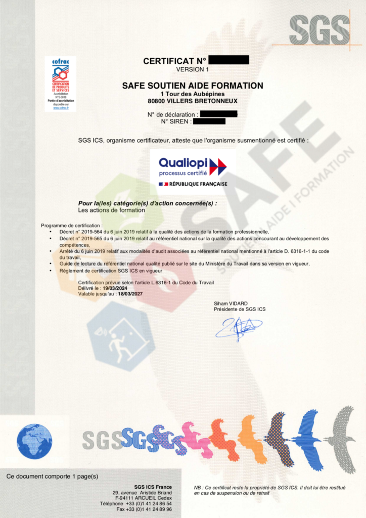 Certification Qualiopi de l'organisme de formation Safe Formations 